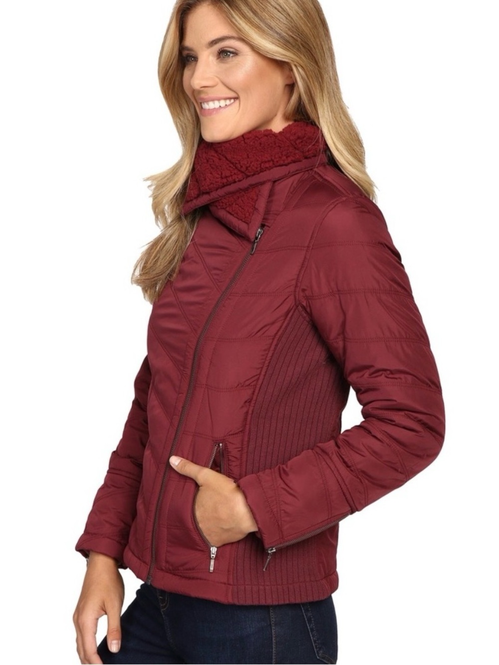 Prana Quilted Asymmetrical Zip Puffer Jacket in Burgundy